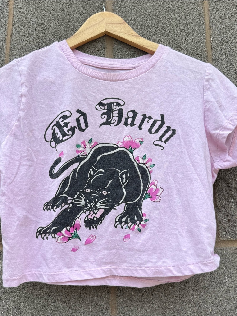 Women’s Ed Hardy Light Pink Floral Panther Graphic Crop Top T-Shirt XL